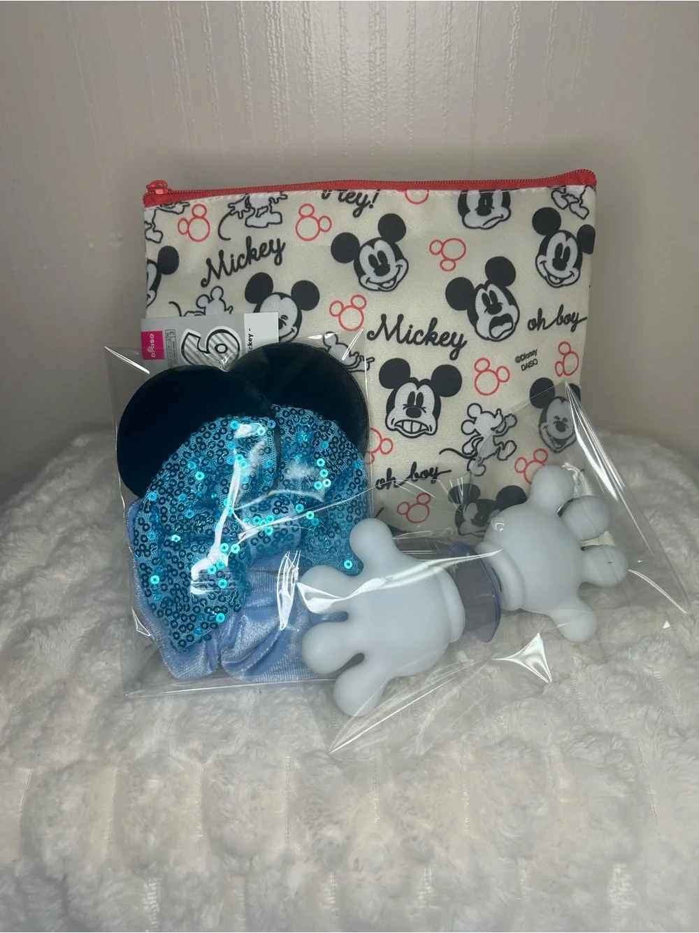 Disney Cream, Black & Red Mickey Pattern Zip Pouch with accessories bundle
